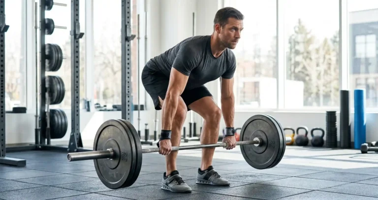 Romanian Deadlift บาร์เบล แสดงการถือบาร์เบลด้วยมือทั้งสองข้าง พับสะโพกลง บาร์เลื่อนลงตามแนวขาใกล้มาก หลังตรง