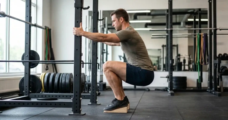 Sissy Squat แสดงการยืนจับสิ่งยึดด้วยมือข้างหนึ่ง แล้วเอนลำตัวไปข้างหลังในขณะที่เข่างอและยกส้นเท้าขึ้น ร่างกายเป็นเส้นตรงจากเข่าถึงหัวไหล่