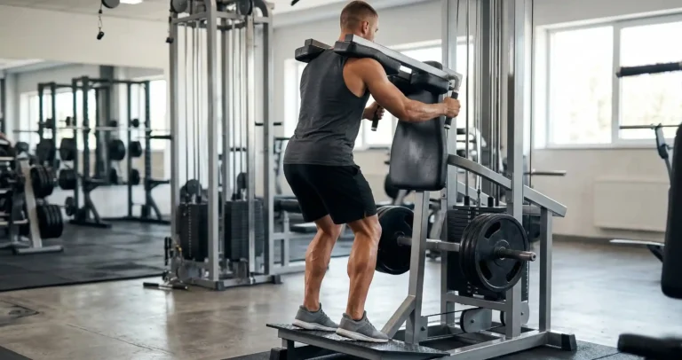 Standing Calf Raise เครื่อง แสดงการยืนบนแผ่นรองปลายเท้า ไหล่อยู่ใต้ Shoulder Pad กดปลายเท้าลงแล้วยกขึ้นสูงสุด