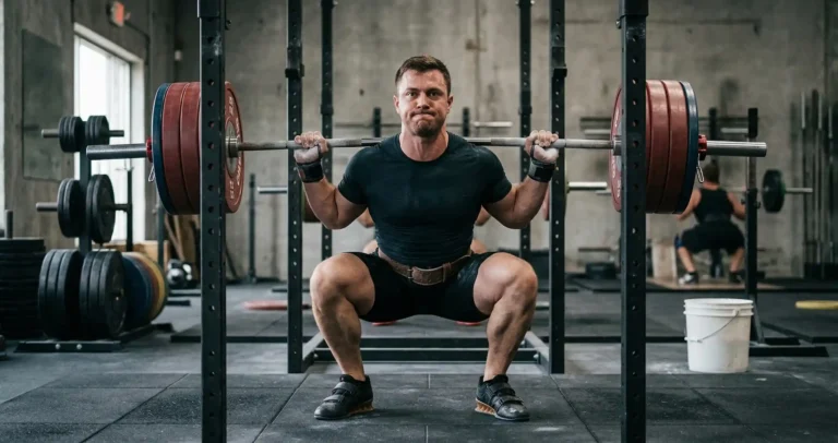 Pause Squat แสดงการค้างอยู่ที่จุดต่ำสุดของ Squat นานสามวินาทีก่อนดันขึ้น