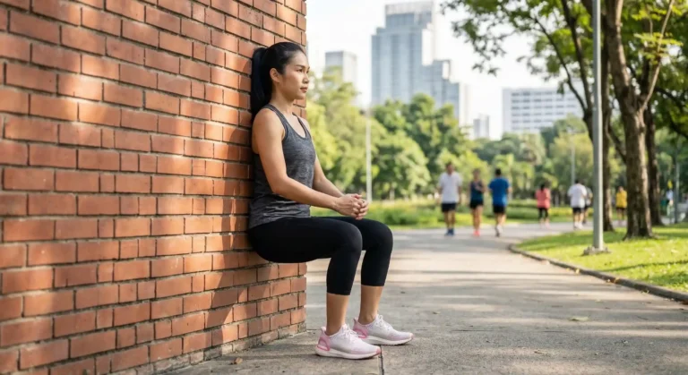 Wall Sit แสดงการพิงกำแพง หลังแนบกำแพงตลอด ต้นขาขนานพื้น เข่างอ 90 องศา ค้างนิ่ง