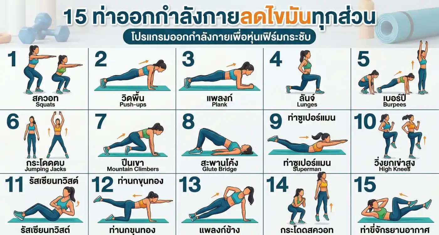 15 ท่าออกกำลังกายลดไขมันทุกส่วน พร้อมคำอธิบายกล้ามเนื้อ ความรู้สึก และ Insight จากโค้ชปุนิ่ม