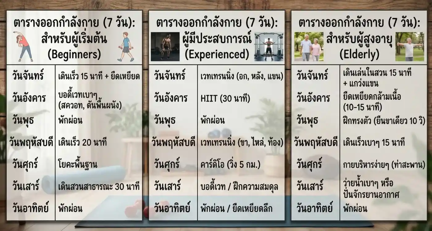 ตารางออกกำลังกายทั่วไปสำหรับผู้เริ่มต้น ผู้มีประสบการณ์ และผู้สูงอายุ