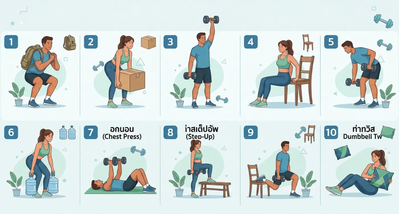 10 ท่าที่ใช้อุปกรณ์ เน้นดัมเบลและสิ่งของหาง่ายที่บ้าน