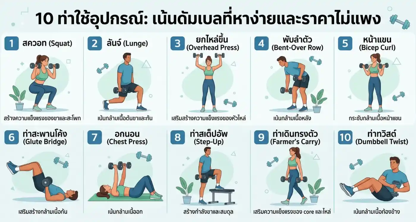 10 ท่าที่ใช้อุปกรณ์ เน้นดัมเบลที่หาง่ายและราคาไม่แพง