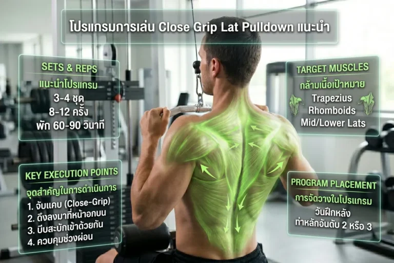 โปรแกรมการเล่น Close Grip Lat Pulldown แนะนำ