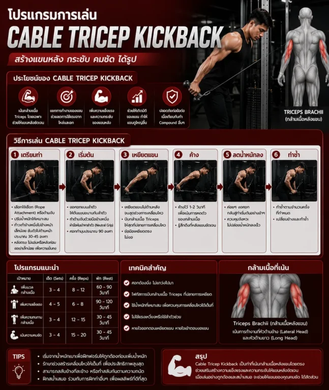 โปรแกรมการเล่น Cable Tricep Kickback แนะนำ