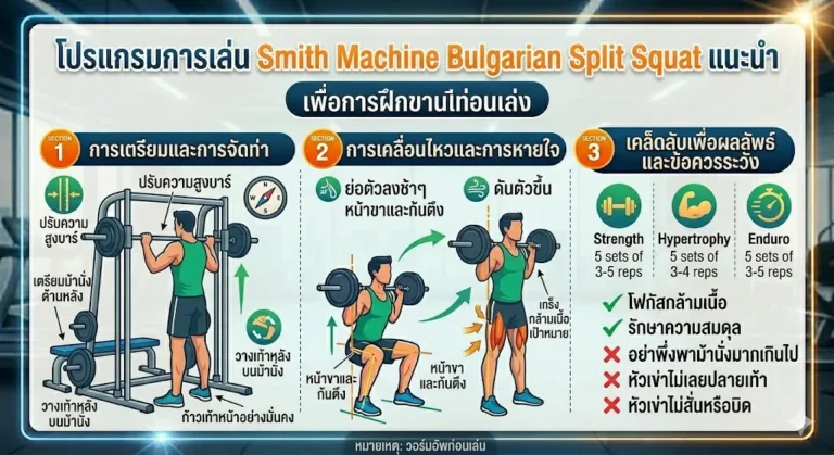 โปรแกรมการเล่น Smith Machine Bulgarian Split Squat แนะนำ