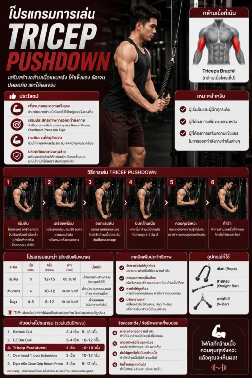 โปรแกรมการเล่น Tricep Pushdown แนะนำ